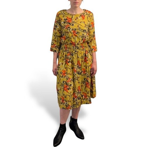 Abito midi donna toran vintage anni 80 stampa oliva vita fumè giallo verde floreale - Foto 5 di 7