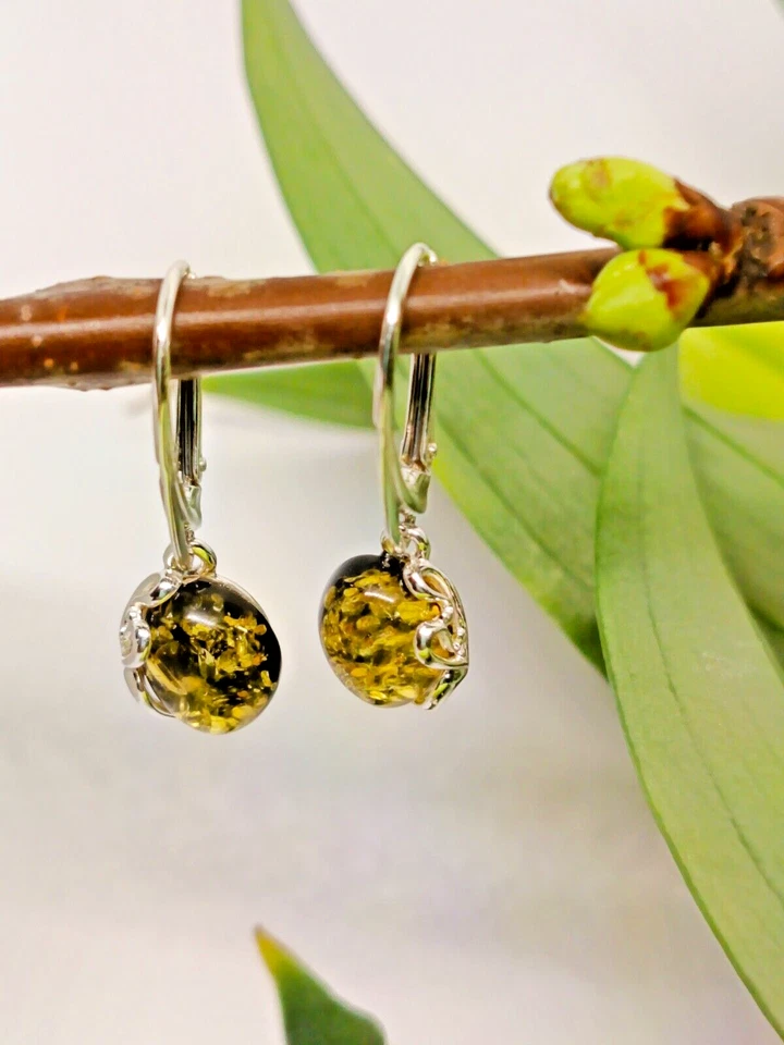 Ohrringe mit baltischem, grünem Bernstein, 925 Silber, handgefertigt & massiv - Bild 4 von 4