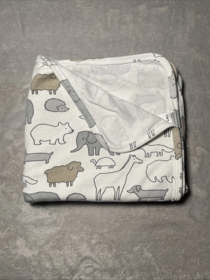 Carters Baby Blanket Animal Tan White Gray Jersey Knit Stretch Receiving Swaddle - Image 2 of 4