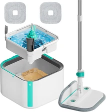 Upgraded Spin Mop & Bucket System Set, 360° Rotating Mop Head, 2PC Pads, Twin