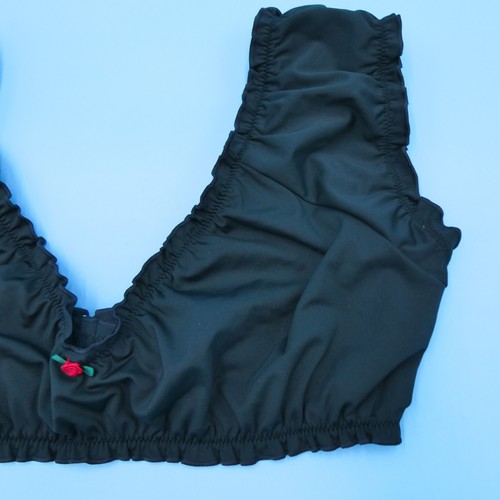 PINK by Frankies Bikinis Large Black Ruffle Off The Shoulder Rose Bikini Top New - Picture 3 of 6