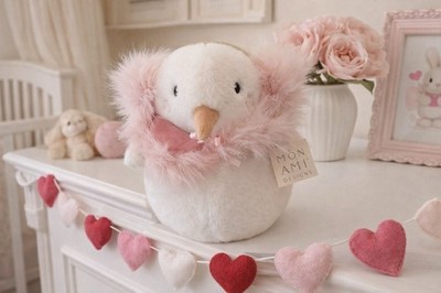Mon Ami Designs Plush Bird w/ Pink Faux Fur Scarf Made in UK Decor Soft