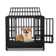 42" Open Top Heavy Duty Metal Dog Crate Cage with Lockable Wheels, Plastic Tray