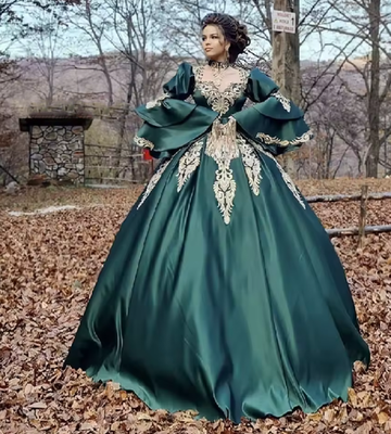 Vintage Green Wedding Dresses with Gold Appliques Flare Sleeves Bridal Gowns  | eBay