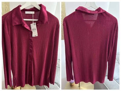 Mango Pleated Burgundy Button Up Shirt Size 6 Party 