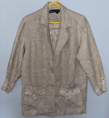 Vintage IB Diffusion Women s Blazer Linen Lace Cutout Size 6 Beige Tan Color