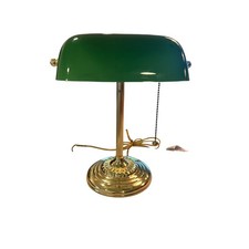 Vintage Bankers Lamp Green Glass Shade Brass Base Desk Office Light Pull Chain