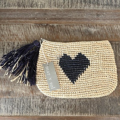 Mar Y Sol Carrie Clutch Heart Boho Raffia Euro Summer Resort Tassel Woven NEW