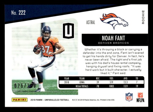 2019 Unparalleled #222 Noah Fant Astral Rookie SP #d /200! BRONCOS - Picture 2 of 2