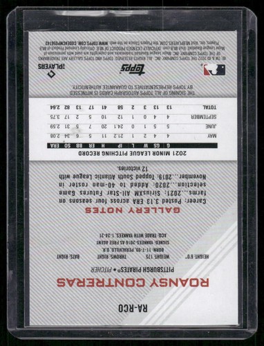Roansy Contreras 2022 Topps Gallery Rookie Auto RA-RCO Pittsburgh Pirates - Picture 2 of 2