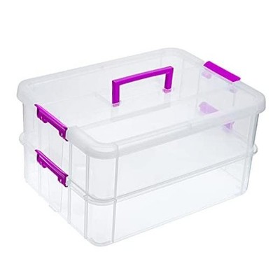 JUXYES 2-Tier Stack Carry Storage Box with Handle - Transparent Purple
