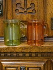 Pressed Glass Mugs Ribbed Pattern Tin Can Horizontal Bands Colored Lot of 2 — photo 1