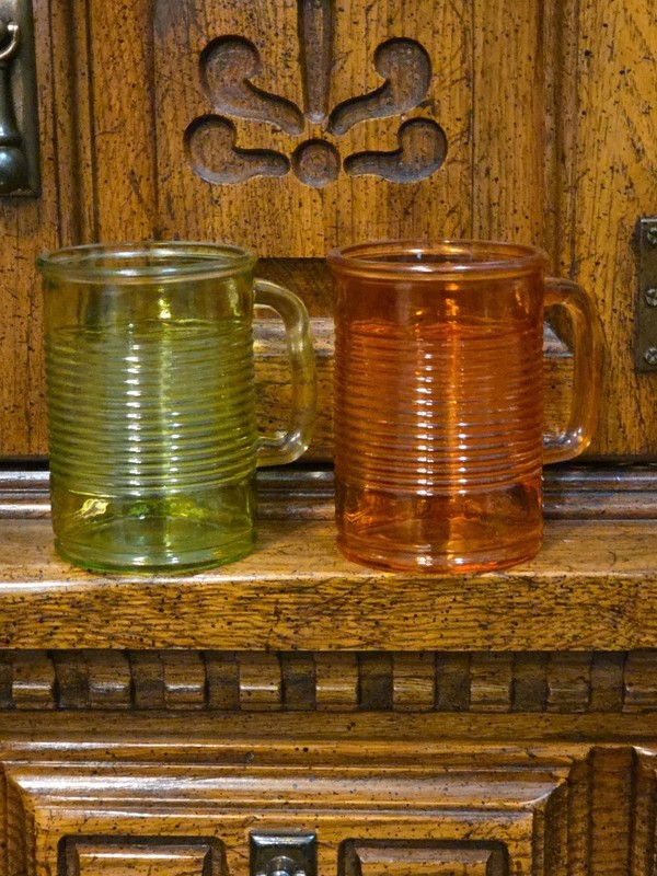 Pressed Glass Mugs Ribbed Pattern Tin Can Horizontal Bands Colored Lot of 2
