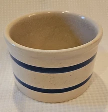 R.R.P. Co. Roseville Ohio Pottery Vintage Blue Banded Squat Crock Jar Container