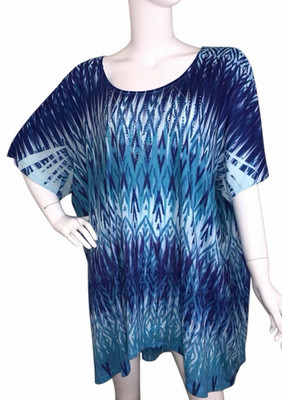 Catherine's Sz 4X 30/32W Jeweled Front Beachy Blue Short Sleeve Popover Blouse
