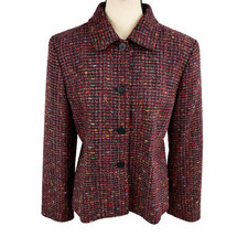 Villager Liz Claiborne Womens Size 10 Tweed Blazer Jacket Burgundy Multi Button