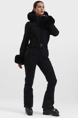 GSOU SNOW WOMEN'S BLACK FAUX FUR SHIRRED WATERPROOF ONE-PIECE SKI SUIT -  BLACK