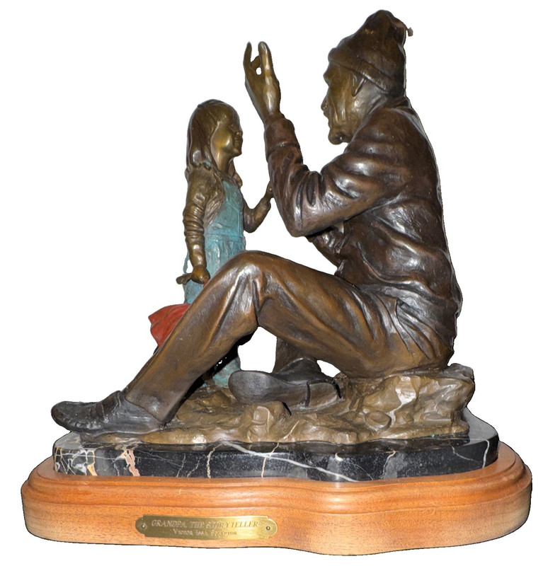 Bronze Finish Metal Figurine Man & Child on Marble and Wood Base