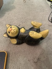 Statuina gatto arrotolabile intagliato legno tailandese vintage, rivenditori GB OH, arte popolare