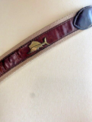 Brighton Belt Brass Fish Embellished Leather Trim Woven Cotton Sz 46