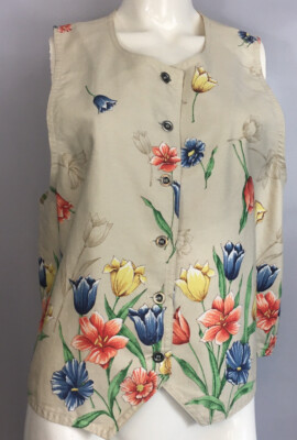 Vintage Vivaldi Jeanswear Vest 100% Cotton Floral Border Waist Coat Tan Large