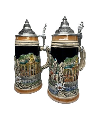 Vintage Bierkrug Keramik Zinndeckel Schloss Linderhof Bavaria West Germany