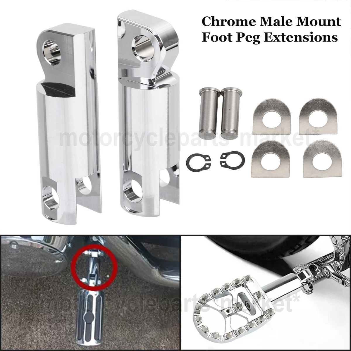 Chrome Male Mount Foot Peg Extensions For Harley Road Street Glide