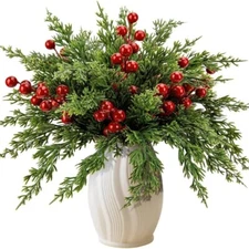 20Pcs Set Christmas Norfolk Artificial Pine Stems with Red Berry Real Touch Faux