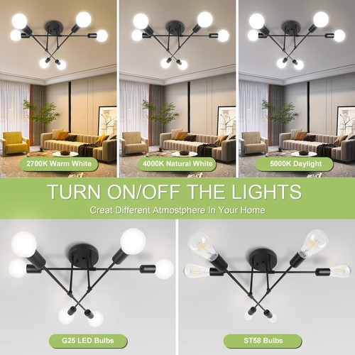 Bedroom Ceiling Light Fixture Flush Mount Black Sputnik Chandelier Black Foyer - Picture 14 of 24