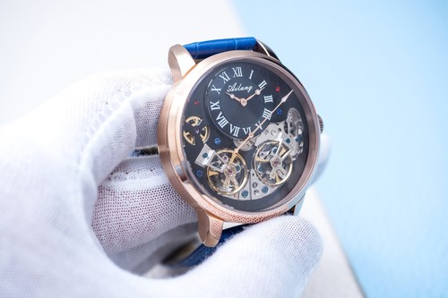 Mens Double Flywheel Luxury Bling Skeleton Automatic Mechanical Leather Watch - Picture 11 of 12
