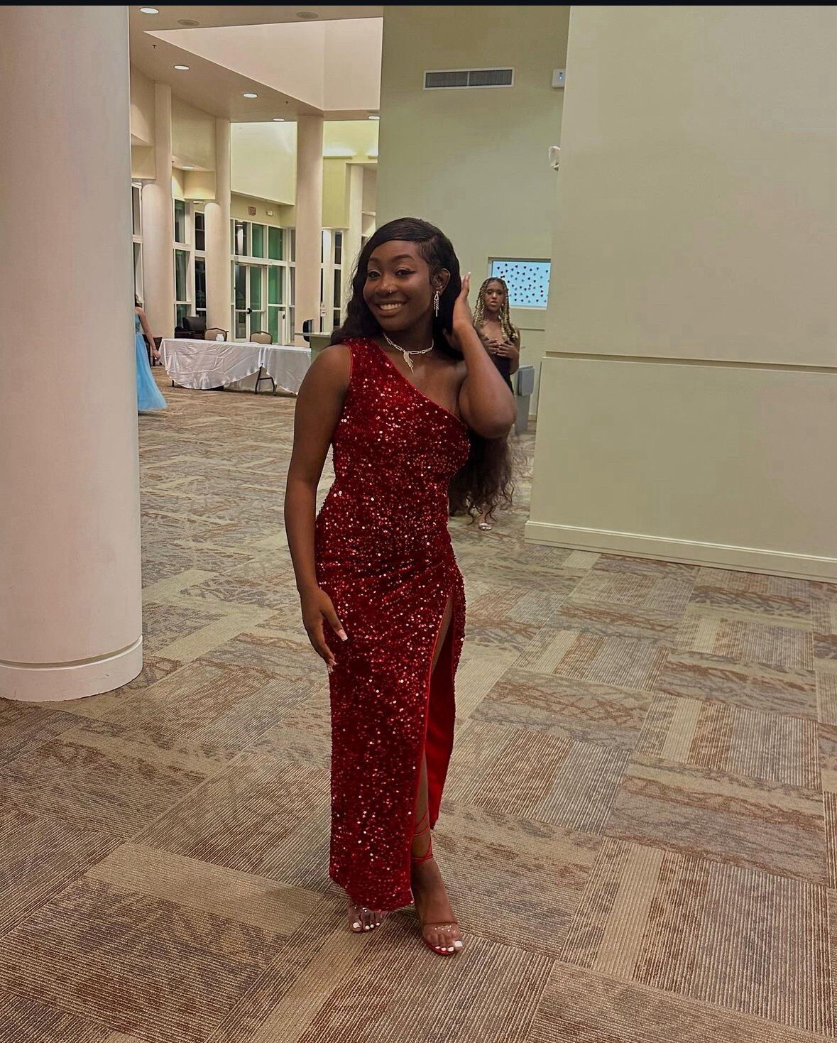 Red Glittery Shoulder Wrap Split Formal Dress - image 1