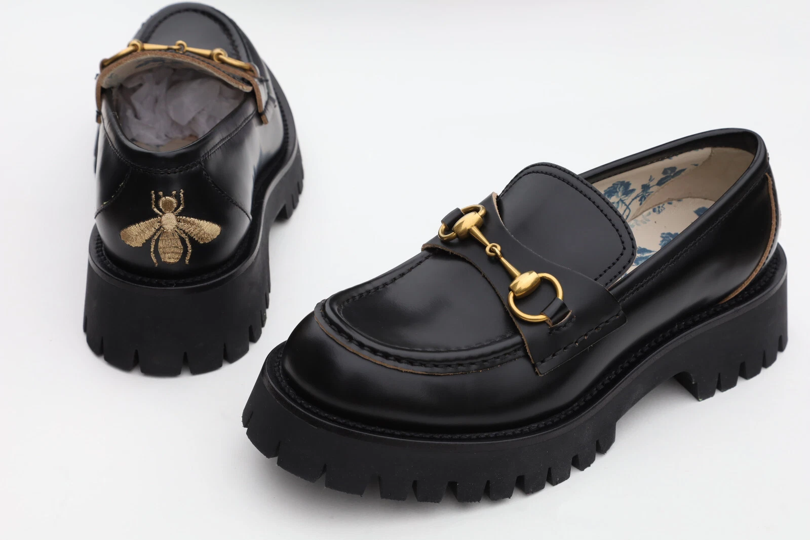 Mocassins GUCCI 577236 Cordovan Lux semelle à pattes noir or Horsebit Bee EU 37   US 7