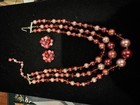 Vintage Red & Pink Shiny Beaded Strand Necklace & Matching Earrings Marked Japan — photo 2