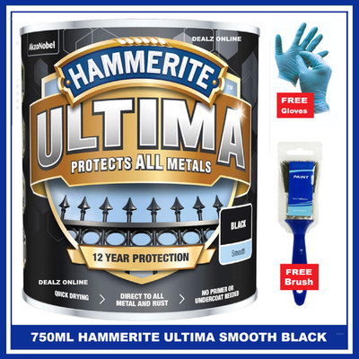 Hammerite Ultima SMOOTH BLACK 750ML schützt Metallfarbe + GRATIS PINSEL & HANDSCHUHE