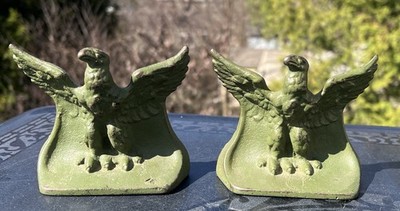 Antique 3 1/2'' Tall Bronze Eagle Bookends w/ Verdigris Green Paint