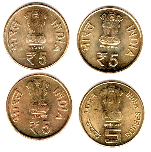 2009-14 - 5 RUPEE INDIA REPUBLIC 4 UNC BRASS RARE COINS - WT. 6 GRAM EACH # E - Image 2 of 4