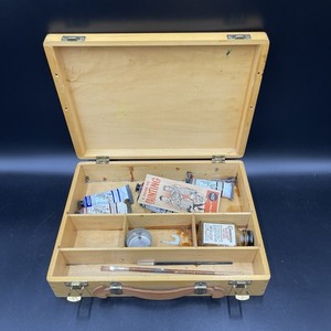 Vintage 1950s Grumbacher Wood Artist Box Case Dovetail Palette Brushes Paints