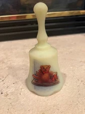 Vtg Fenton Custard Satin Glass Musical Bell Hand painted Teddy Bear