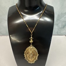 Vintage Art Nouveau Gold Tone Locket On Chain Guardian Angel Cherub Necklace
