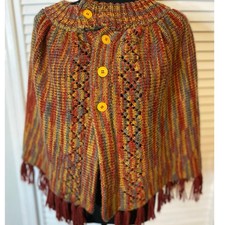 VTG Handmade Knit button up Poncho, Fringe 70s Burnt Orange, gold, gray -Small