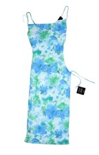 Lulus Dress Womens XS Blue Green Floral Midi Bodycon Spaghetti Strap Ruched Slip