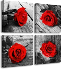 Red Rose Bedroom Wall Decor Black and White Wall Art Modern Flowers Pictures for