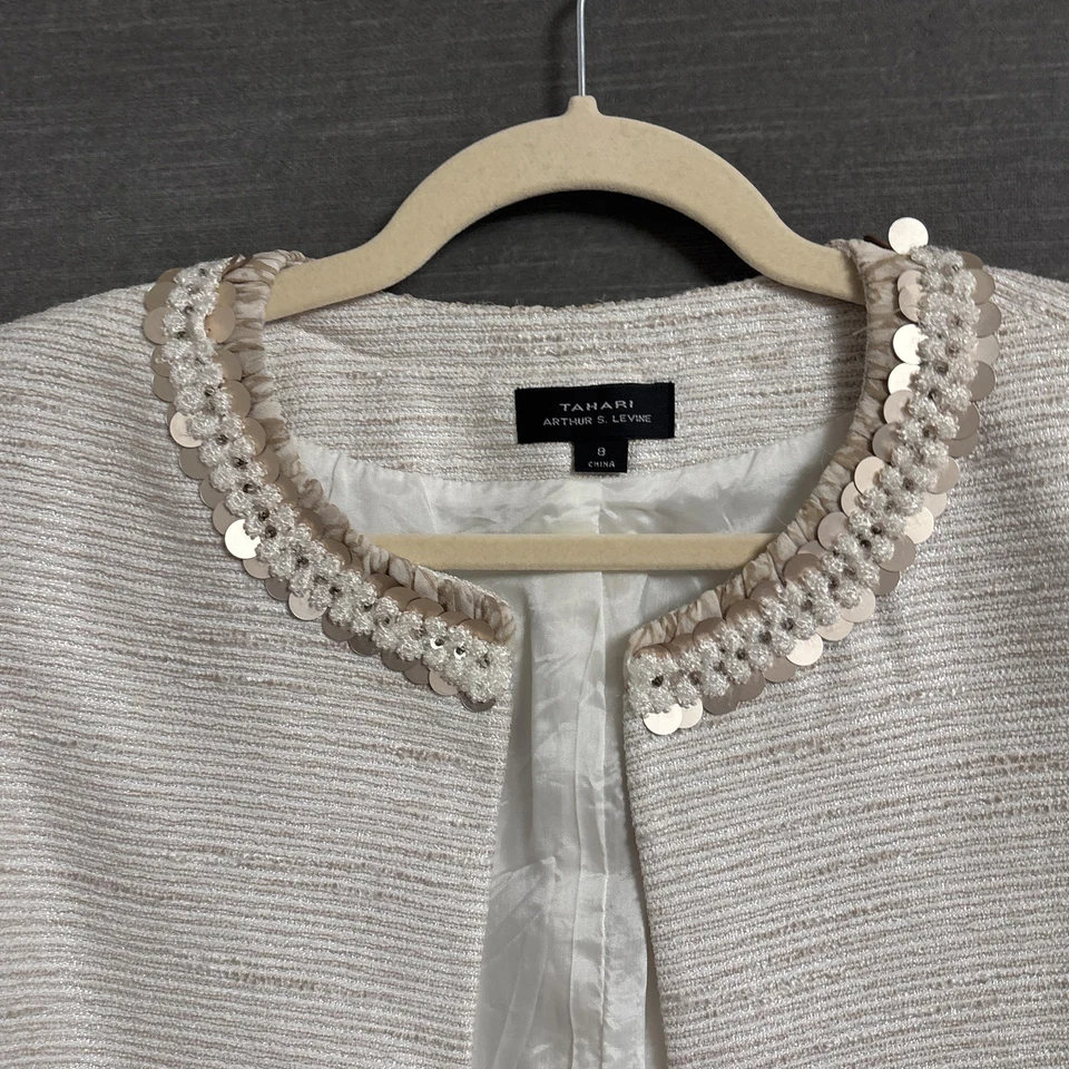 Blazer de cóctel Tahari Levine Jacket 8 Off White Gold metálico con lentejuelas recortadas Foto 4 de 4