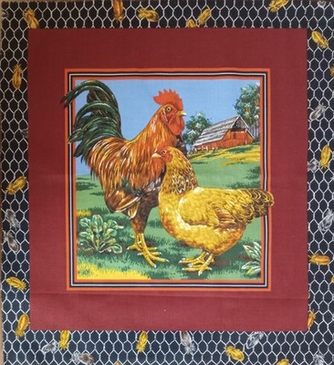 Vintage~Cranston ~''Yellow/Brown Rooster & Hen''~ Cotton Fabric Panel ~ 14.25''x15''