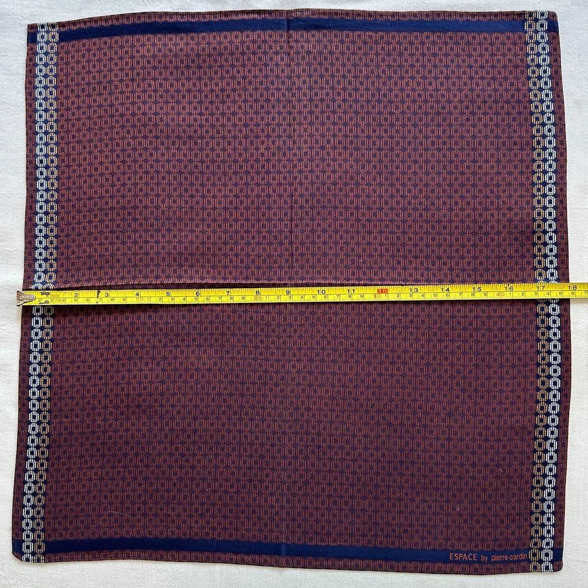 Vintage Handkerchief Fabric Woven Red Brown Geometric Square Pocket Square 18"~P