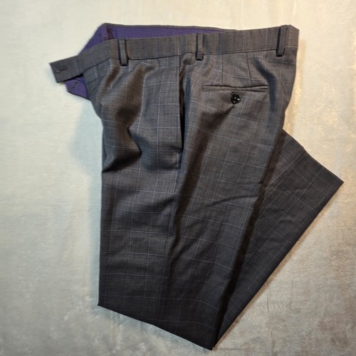Ted Baker, Vtg Ted Baker Windowpane Check Gray & Blue Jay CT Mens Pants CA Union Made 34x32