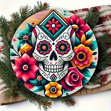 Modern Geometric Floral Skull Design Metal Sign 7.8x7.8 Feet