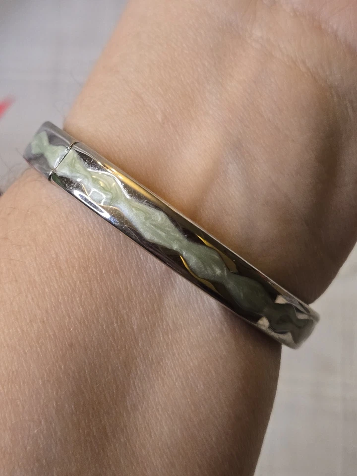Brazalete Brazalete Clamper Esmalte con Bisagras Tono Plata Verde Turquesa Usado en Excelente Condición Foto 4 de 4