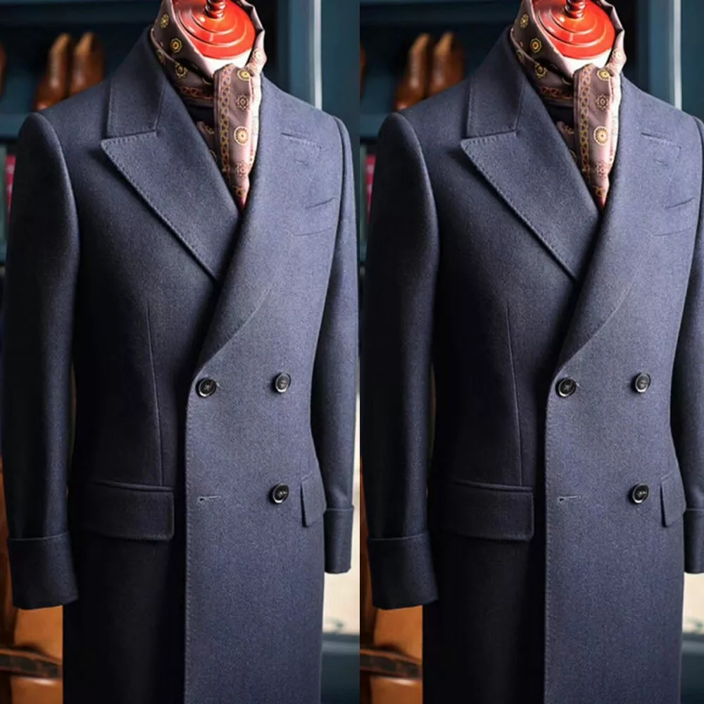 Men Navy Blue Wool Suits Double breasted Wide Peaked Lapel Long