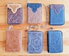 Western Genuine Leather Credit Card Wallet - Zip Around Biker Wallet W/ Chain
